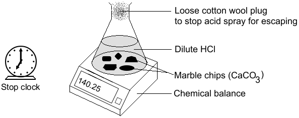 Conical flask with marble chips (calcium carbonate) and dilute HCl, plugged with loose cotton wool, standing on a chemical balance