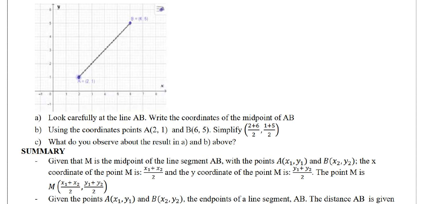 Coordinate grid showing a line segment and midpoint formula